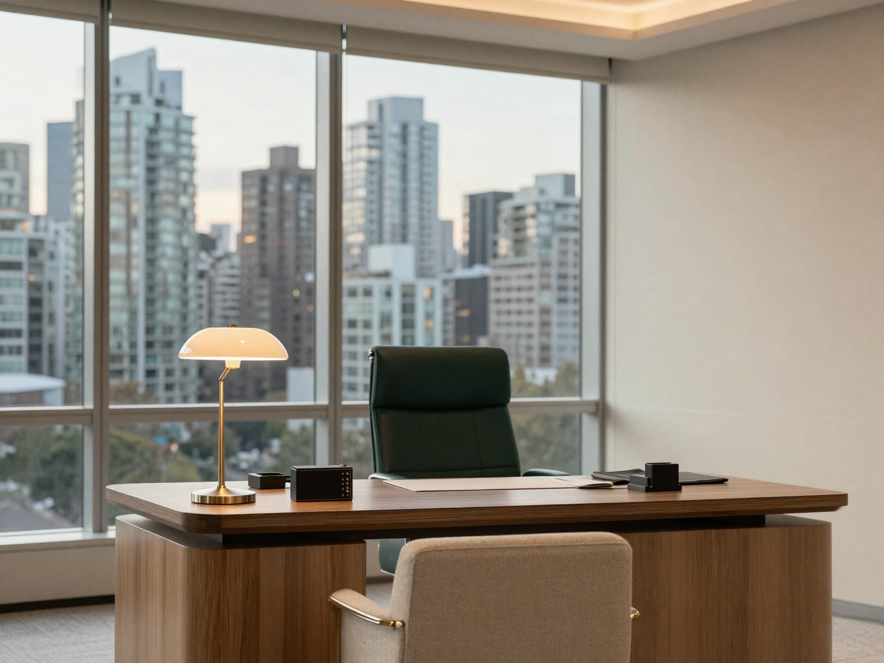 A refined professional office overlooking the Vancouver skyline